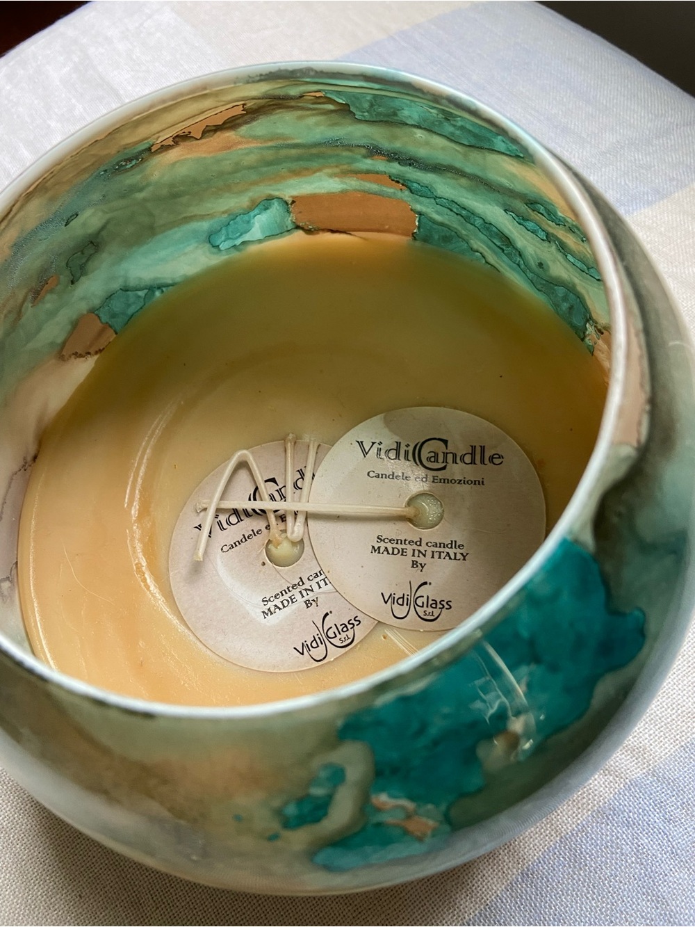 Vidi Glass Italian Scented Decorative Glass Candle - Turquoise & Cream